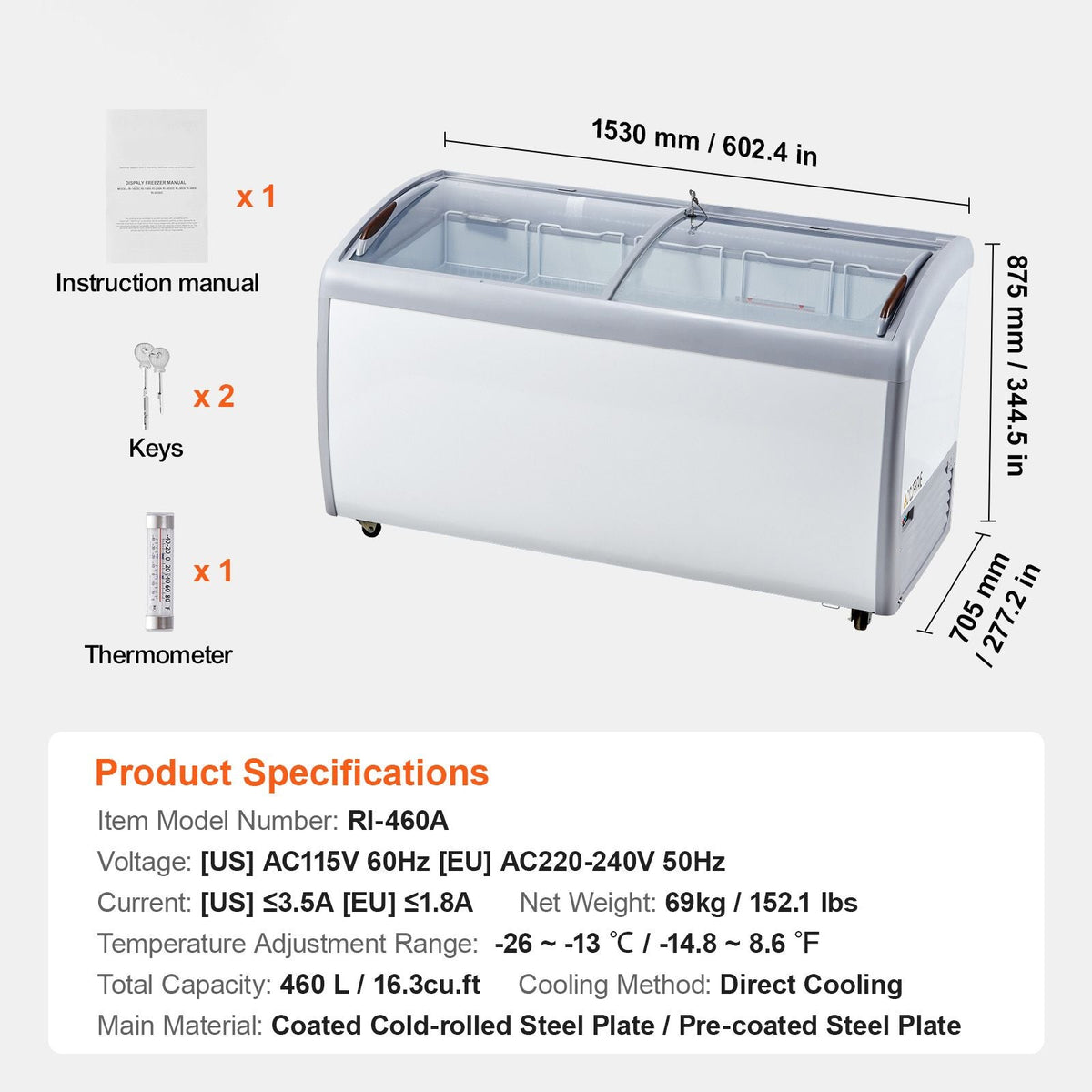 Commercial Ice Cream Display Case, 16.3 Cu.ft Chest Freezer, Mobile Glass Top Deep Freezer, Restaurant Gelato Dipping Cabinet with 5 Wire Baskets, 2 Sliding Glass Doosr, Locking Casters, White