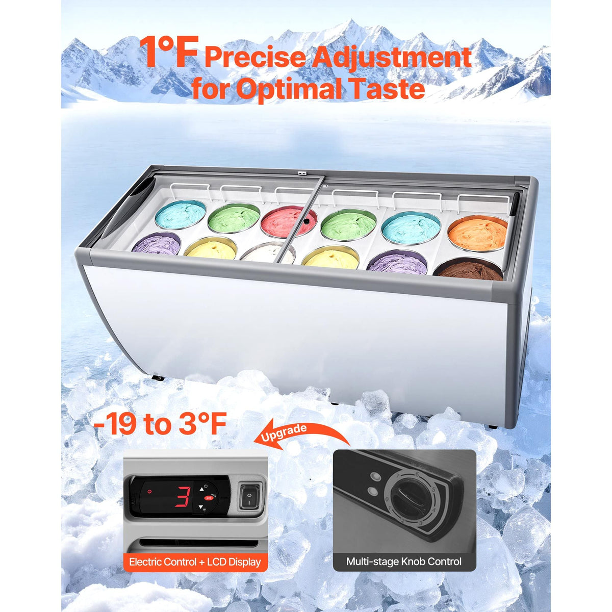 Commercial Ice Cream Display Case, 20 Cu.ft Chest Freezer, Restaurant Gelato Dipping Cabinet Top Deep Freezer with Locking Casters, Sliding Glass Door, LED Lighting, Hold 12 Ice Cream Tubs