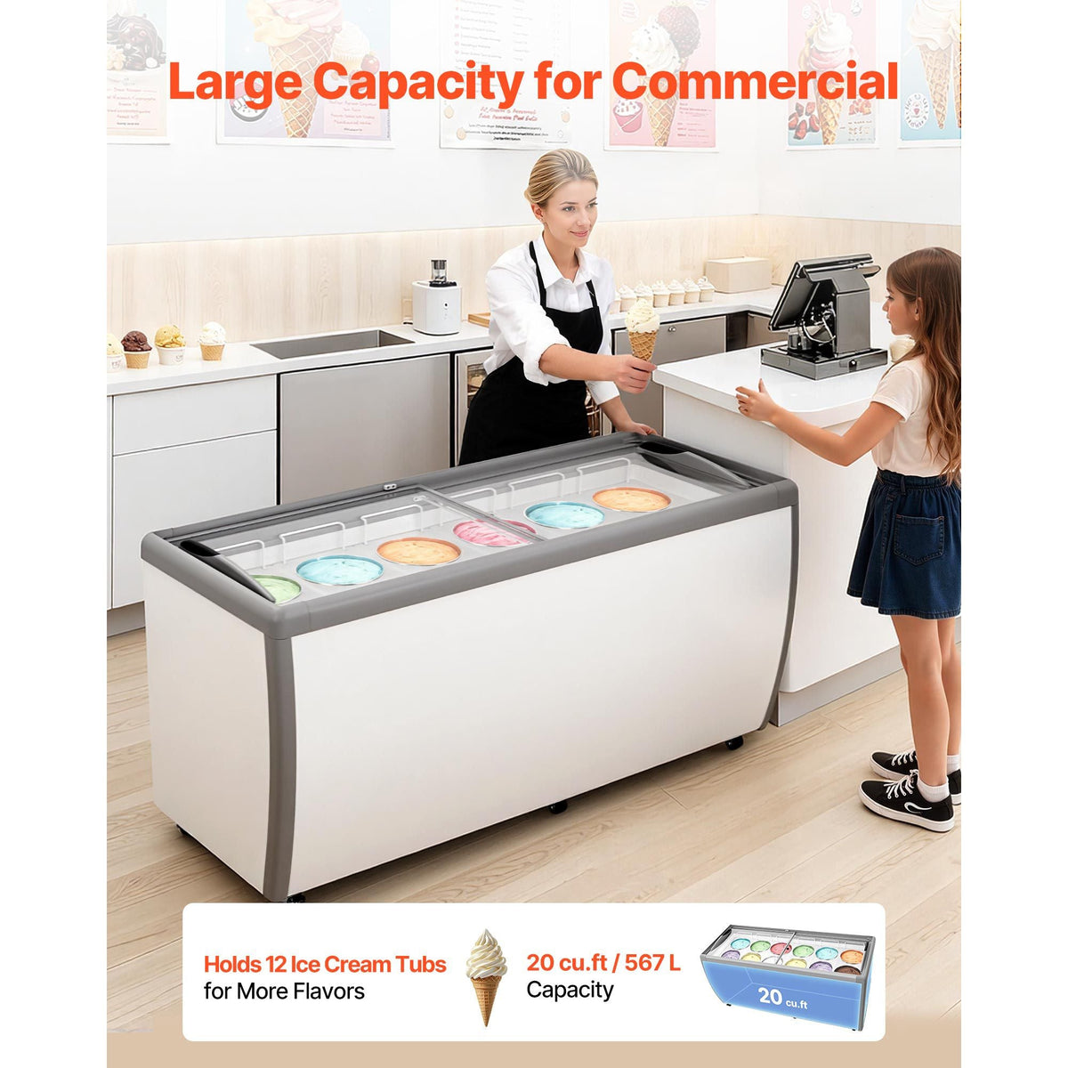 Commercial Ice Cream Display Case, 20 Cu.ft Chest Freezer, Restaurant Gelato Dipping Cabinet Top Deep Freezer with Locking Casters, Sliding Glass Door, LED Lighting, Hold 12 Ice Cream Tubs