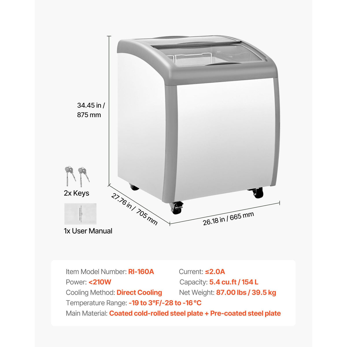 Commercial Ice Cream Display Case, 5.4 Cu.ft Chest Freezer, -19 to 3 F Temp Adjustable Mobile Top Deep Freezer with 2 Wire Baskets, 2 Sliding Glass Doors, Locking Casters & LED Strip Lighting
