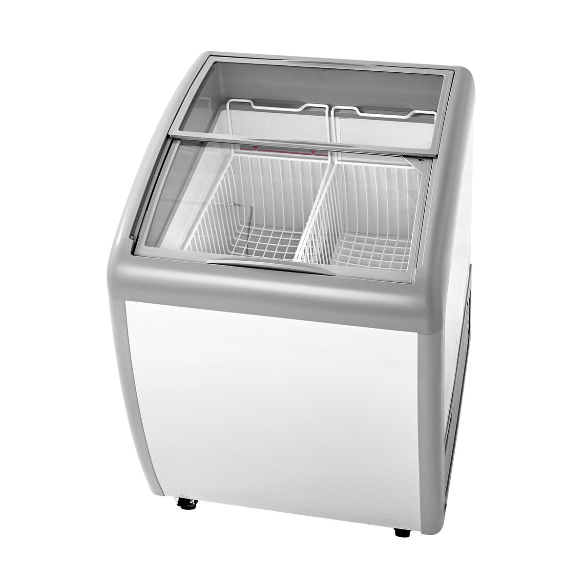 Commercial Ice Cream Display Case, 5.4 Cu.ft Chest Freezer, -19 to 3 F Temp Adjustable Mobile Top Deep Freezer with 2 Wire Baskets, 2 Sliding Glass Doors, Locking Casters & LED Strip Lighting