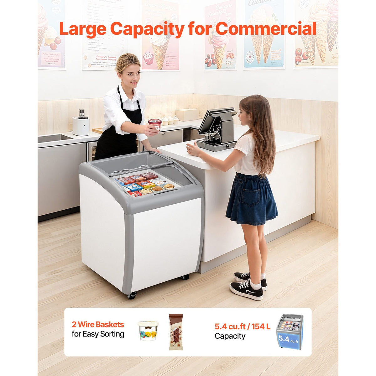 Commercial Ice Cream Display Case, 5.4 Cu.ft Chest Freezer, -19 to 3 F Temp Adjustable Mobile Top Deep Freezer with 2 Wire Baskets, 2 Sliding Glass Doors, Locking Casters & LED Strip Lighting