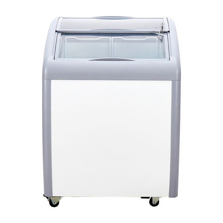 Commercial Ice Cream Display Case, 5.4 Cu.ft Chest Freezer, Mobile Glass Top Deep Freezer, Restaurant Gelato Dipping Cabinet with 2 Wire Baskets, 2 Sliding Glass Doors, Locking Casters, White