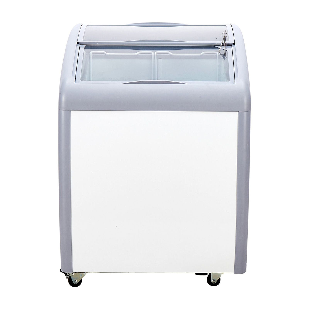 Commercial Ice Cream Display Case, 5.4 Cu.ft Chest Freezer, Mobile Glass Top Deep Freezer, Restaurant Gelato Dipping Cabinet with 2 Wire Baskets, 2 Sliding Glass Doors, Locking Casters, White