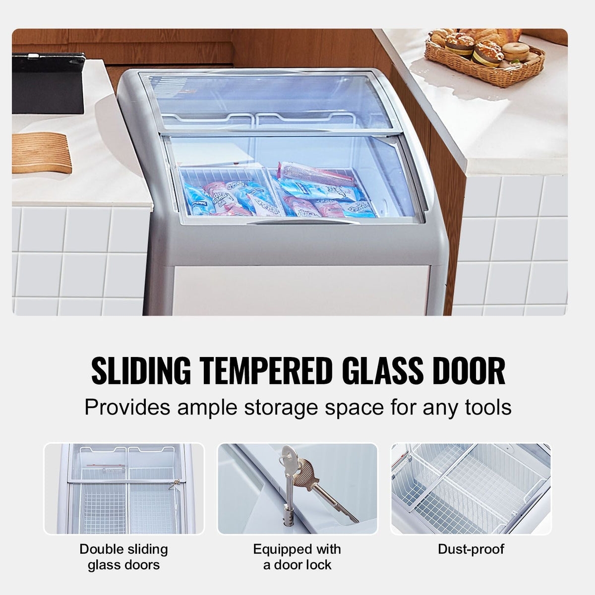 Commercial Ice Cream Display Case, 5.4 Cu.ft Chest Freezer, Mobile Glass Top Deep Freezer, Restaurant Gelato Dipping Cabinet with 2 Wire Baskets, 2 Sliding Glass Doors, Locking Casters, White