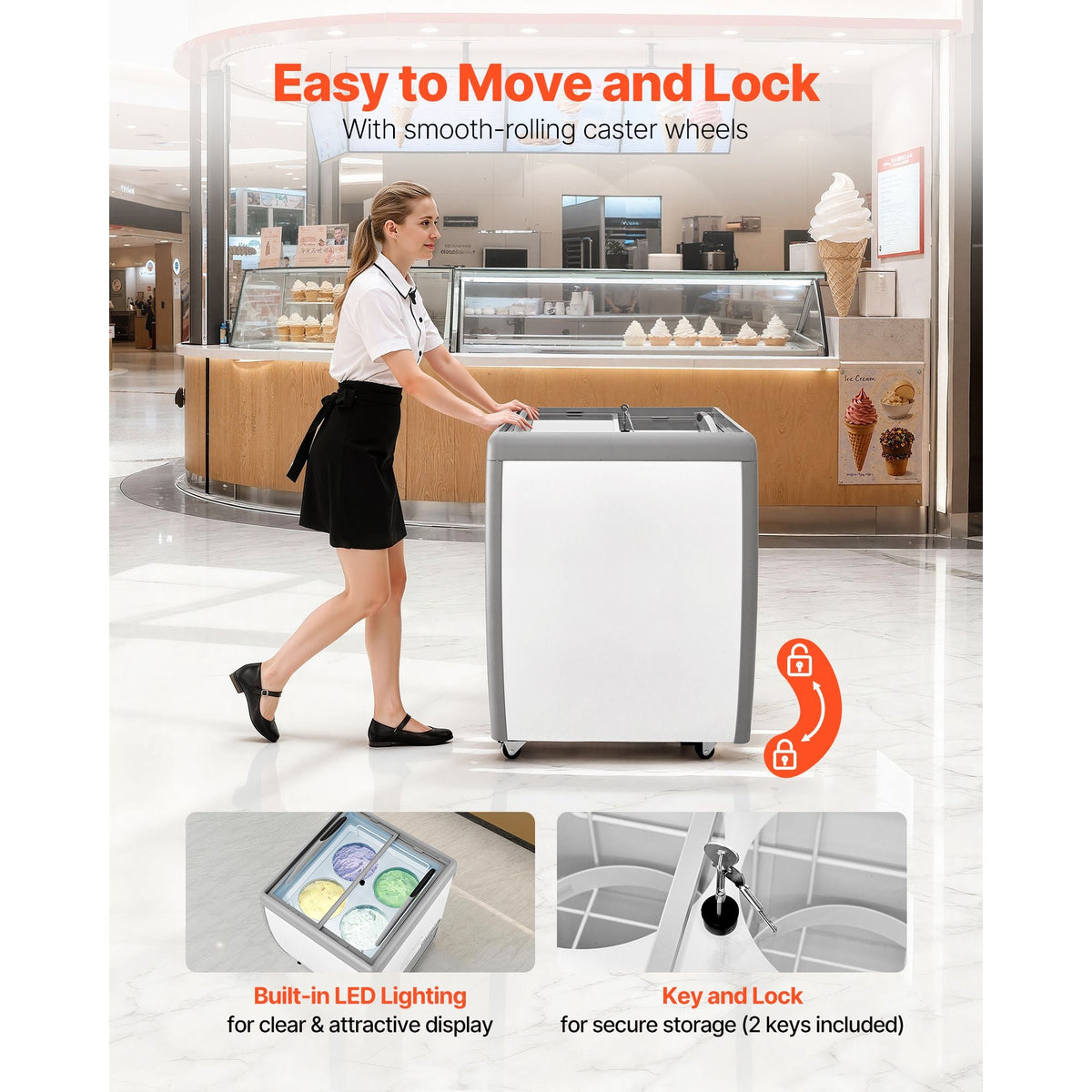 Commercial Ice Cream Display Case, 5.6 Cu.ft Chest Freezer, Restaurant Gelato Dipping Cabinet Top Deep Freezer with Locking Casters, Sliding Glass Door, LED Lighting, Hold 4 Ice Cream Tubs