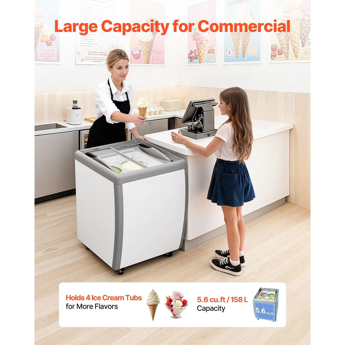 Commercial Ice Cream Display Case, 5.6 Cu.ft Chest Freezer, Restaurant Gelato Dipping Cabinet Top Deep Freezer with Locking Casters, Sliding Glass Door, LED Lighting, Hold 4 Ice Cream Tubs