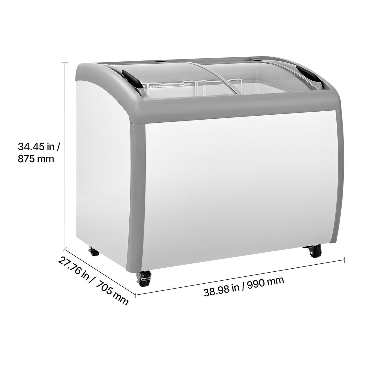 Commercial Ice Cream Display Case, 9.3 Cu.ft Chest Freezer, -19 to 3 F Temp Adjustable Mobile Top Deep Freezer with 3 Wire Baskets, 2 Sliding Glass Doors, Locking Casters & LED Strip Lighting