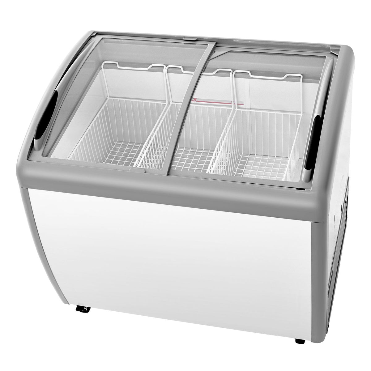 Commercial Ice Cream Display Case, 9.3 Cu.ft Chest Freezer, -19 to 3 F Temp Adjustable Mobile Top Deep Freezer with 3 Wire Baskets, 2 Sliding Glass Doors, Locking Casters & LED Strip Lighting