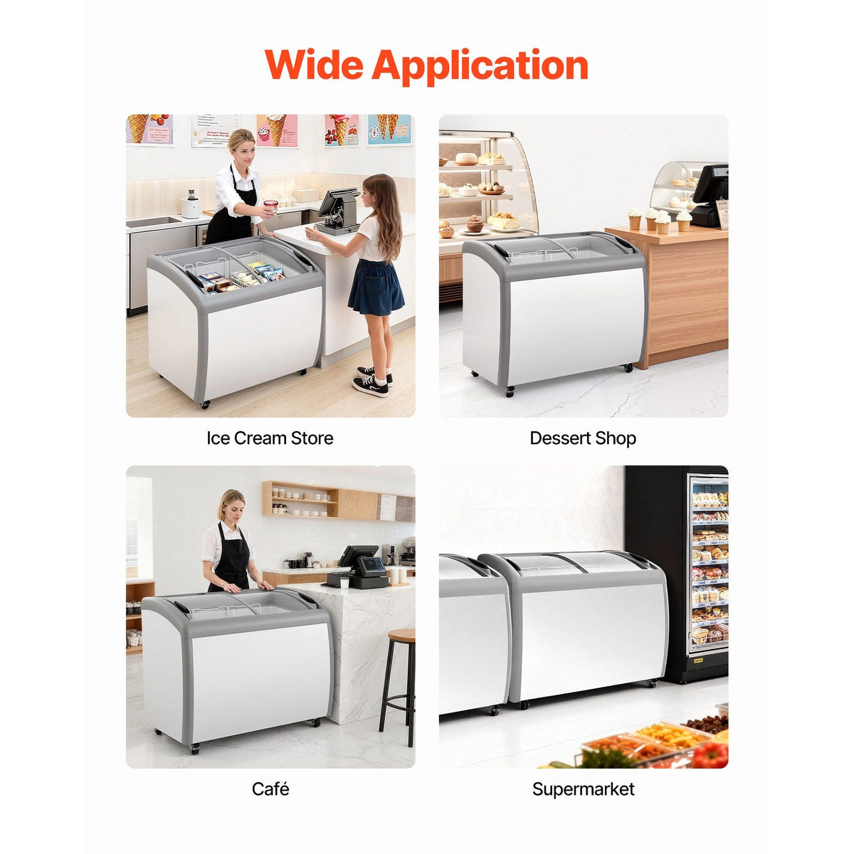 Commercial Ice Cream Display Case, 9.3 Cu.ft Chest Freezer, -19 to 3 F Temp Adjustable Mobile Top Deep Freezer with 3 Wire Baskets, 2 Sliding Glass Doors, Locking Casters & LED Strip Lighting