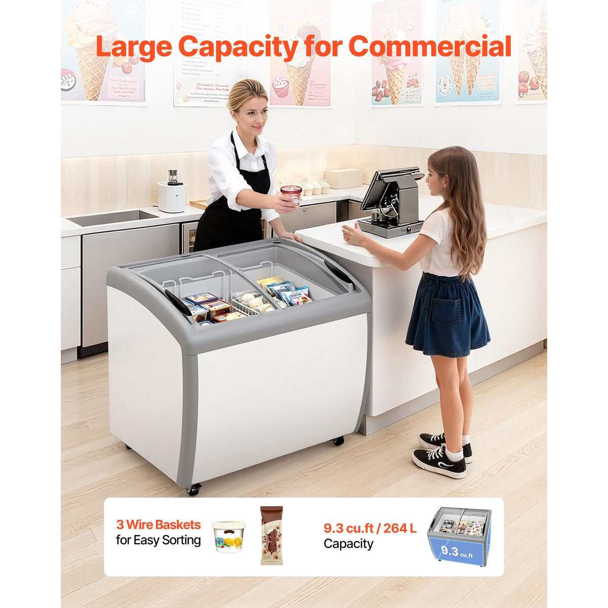 Commercial Ice Cream Display Case, 9.3 Cu.ft Chest Freezer, -19 to 3 F Temp Adjustable Mobile Top Deep Freezer with 3 Wire Baskets, 2 Sliding Glass Doors, Locking Casters & LED Strip Lighting