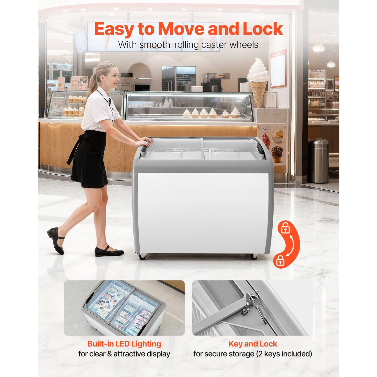 Commercial Ice Cream Display Case, 9.3 Cu.ft Chest Freezer, -19 to 3 F Temp Adjustable Mobile Top Deep Freezer with 3 Wire Baskets, 2 Sliding Glass Doors, Locking Casters & LED Strip Lighting