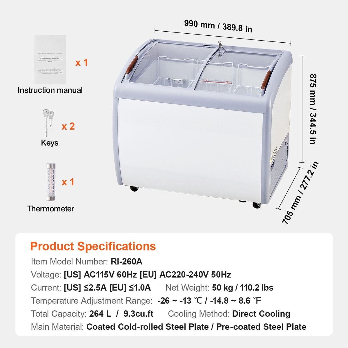Commercial Ice Cream Display Case, 9.3 Cu.ft Chest Freezer, Mobile Glass Top Deep Freezer, Restaurant Gelato Dipping Cabinet with 3 Wire Baskets, 2 Sliding Glass Doors, Locking Casters, White