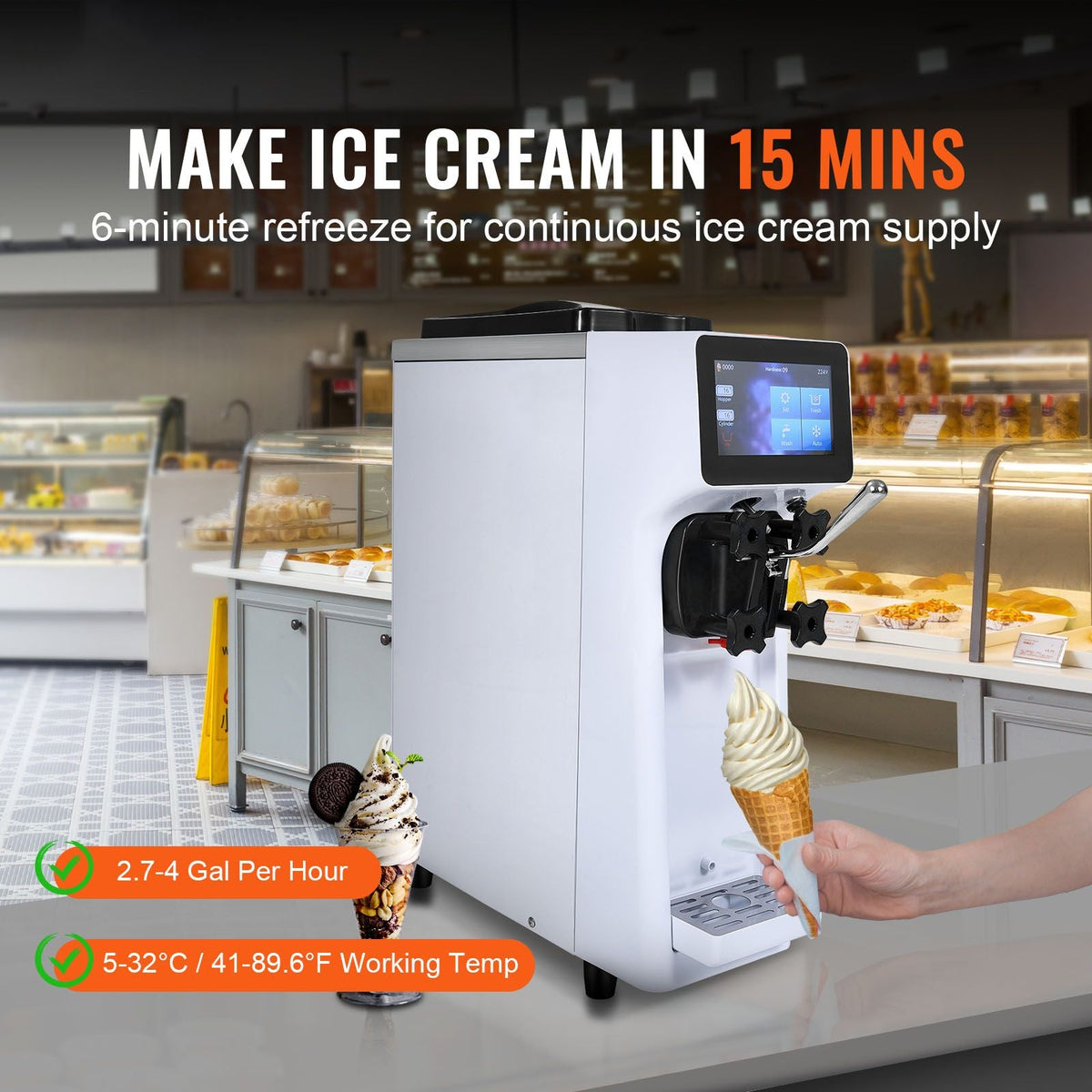 Commercial Ice Cream Machine, 10.6 QT/H Yield, 1000W Single Flavor Countertop Soft Serve Ice Cream Maker, 4L Hopper 1.6L Cylinder, Touch Screen Auto Clean Pre-cooling, for Restaurant Snack Bar