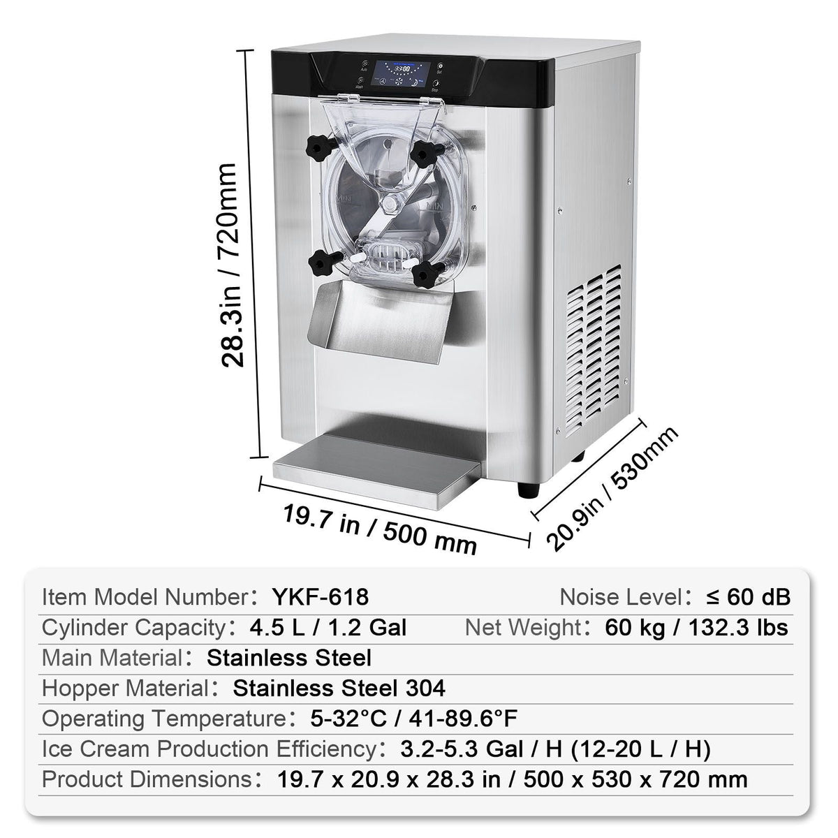 Commercial Ice Cream Machine, 12 L/H Yield, 1713W Single Flavor Countertop Hard Serve Ice Cream Maker, 4.5L Stainless Steel Cylinder, LED Panel Auto Clean Pre-cooling, for Restaurant Snack Bars