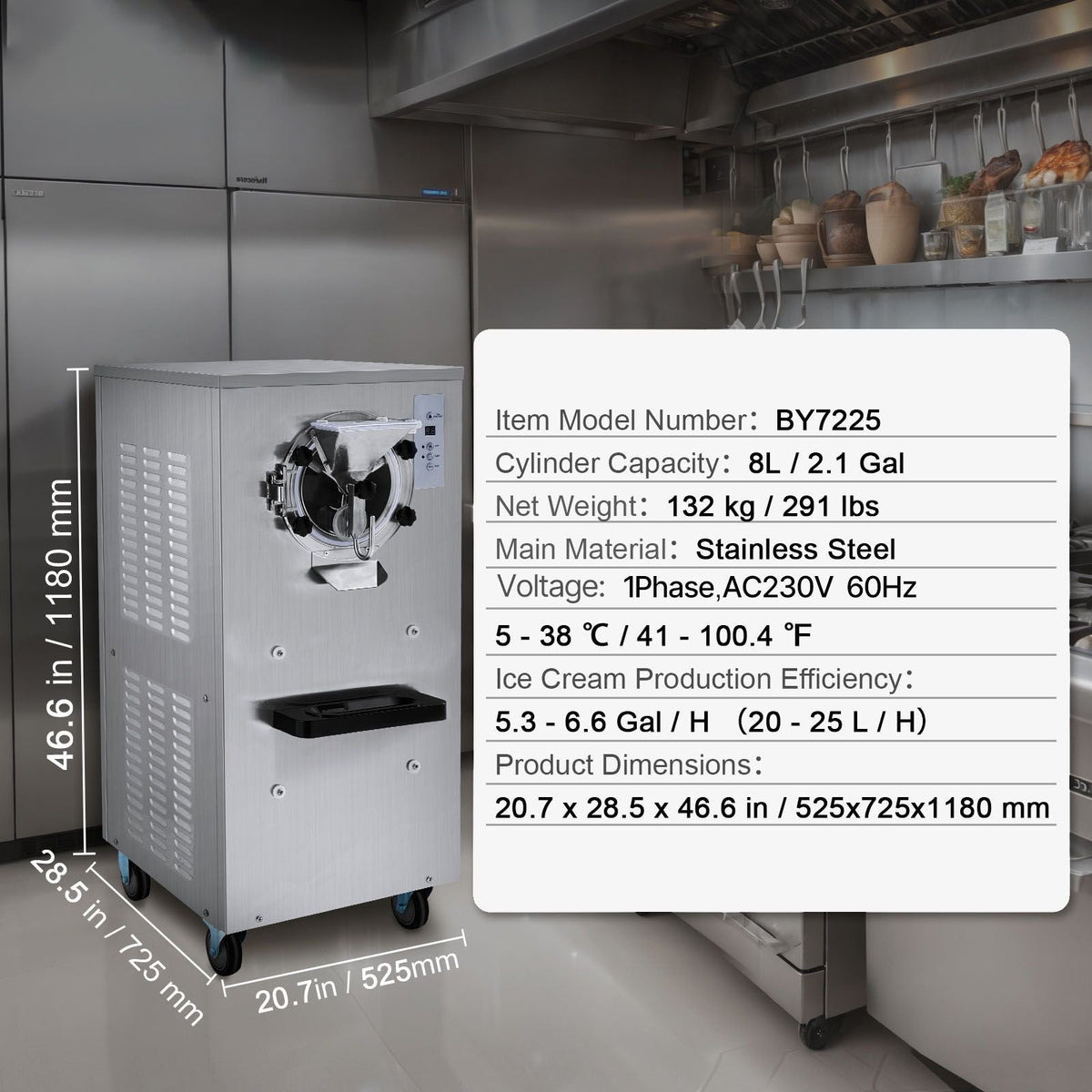 Commercial Ice Cream Machine, 20-25L/H Yield, 2400W 1-Flavor Hard Serve Ice Cream Maker, 8L Stainless Steel Cylinder, Digital Display Auto Clean Adjustable Hardness, for Restaurant Snack Bars