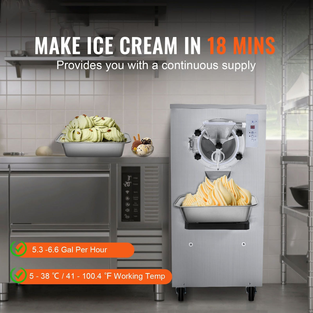 Commercial Ice Cream Machine, 20-25L/H Yield, 2400W 1-Flavor Hard Serve Ice Cream Maker, 8L Stainless Steel Cylinder, Digital Display Auto Clean Adjustable Hardness, for Restaurant Snack Bars