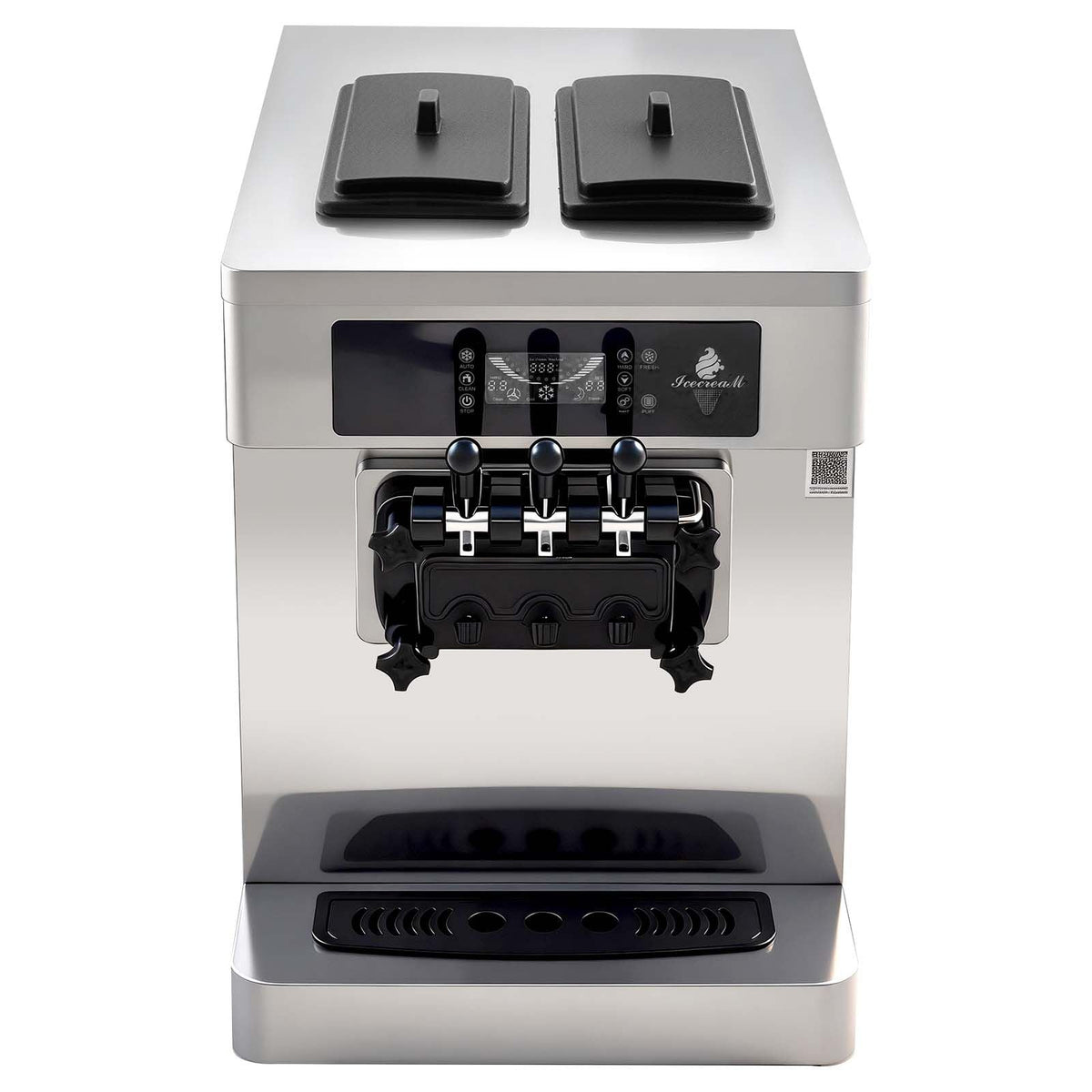 Commercial Ice Cream Machine, 20-28L/H Yield, 2200W 3-Flavor Countertop Soft Serve Ice Cream Maker with 2 x 6L Hoppers & Built-In Puffing Pump, Pre-Cooling Low-Mix Alert for Snack Dessert Shops