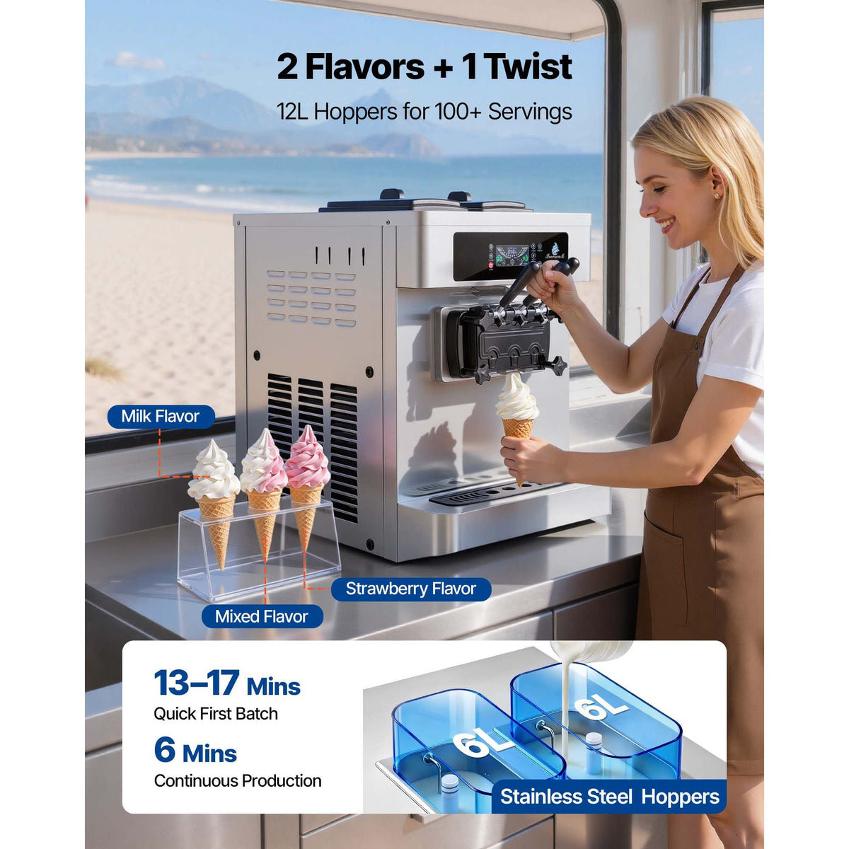 Commercial Ice Cream Machine, 20-28L/H Yield, 2200W 3-Flavor Countertop Soft Serve Ice Cream Maker with 2 x 6L Hoppers & Built-In Puffing Pump, Pre-Cooling Low-Mix Alert for Snack Dessert Shops