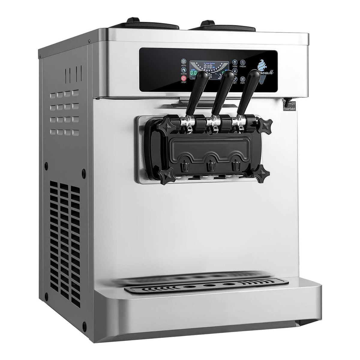 Commercial Ice Cream Machine, 20-28L/H Yield, 2200W 3-Flavor Countertop Soft Serve Ice Cream Maker with 2 x 6L Hoppers & Built-In Puffing Pump, Pre-Cooling Low-Mix Alert for Snack Dessert Shops