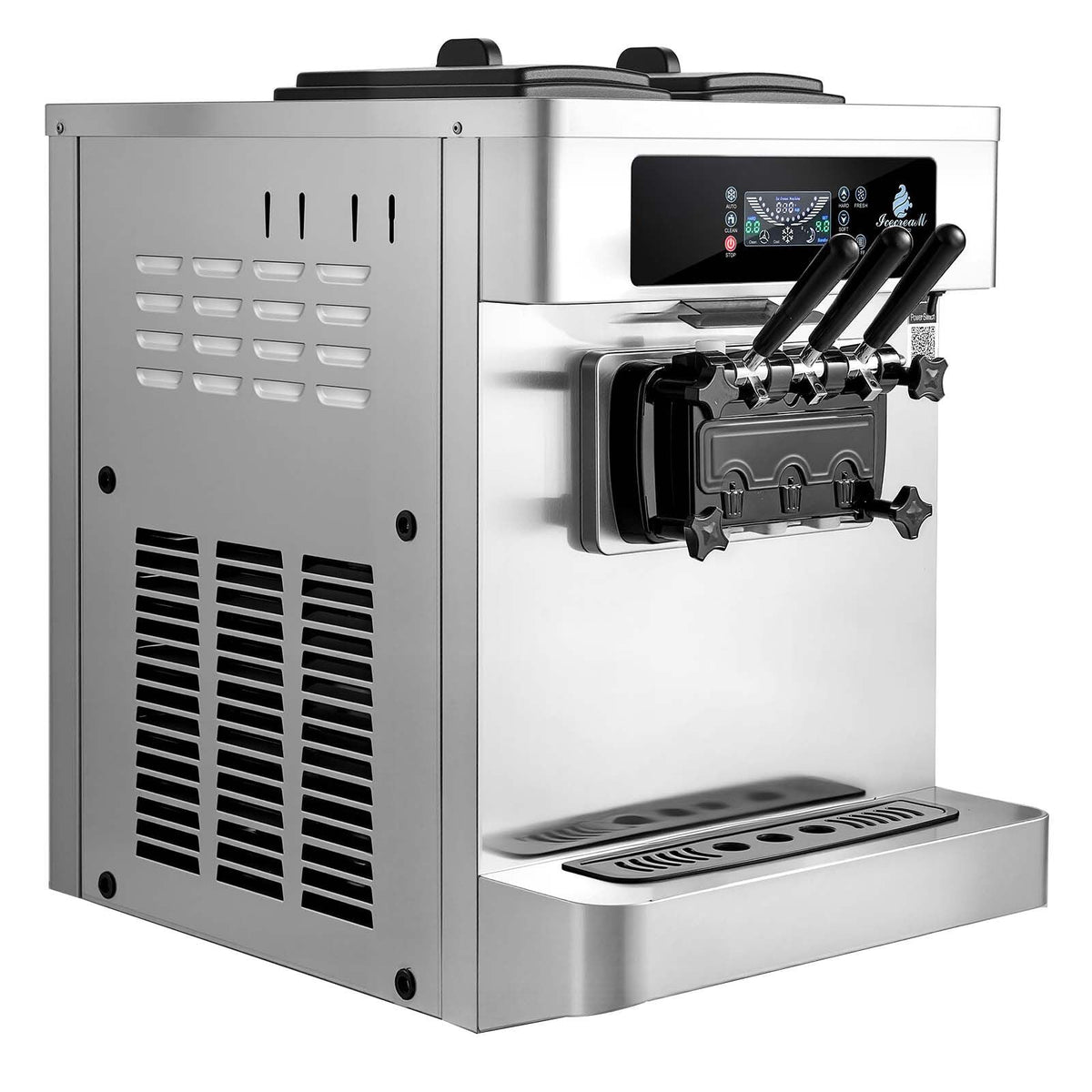Commercial Ice Cream Machine, 20-28L/H Yield, 2200W 3-Flavor Countertop Soft Serve Ice Cream Maker with 2 x 6L Hoppers & Built-In Puffing Pump, Pre-Cooling Low-Mix Alert for Snack Dessert Shops