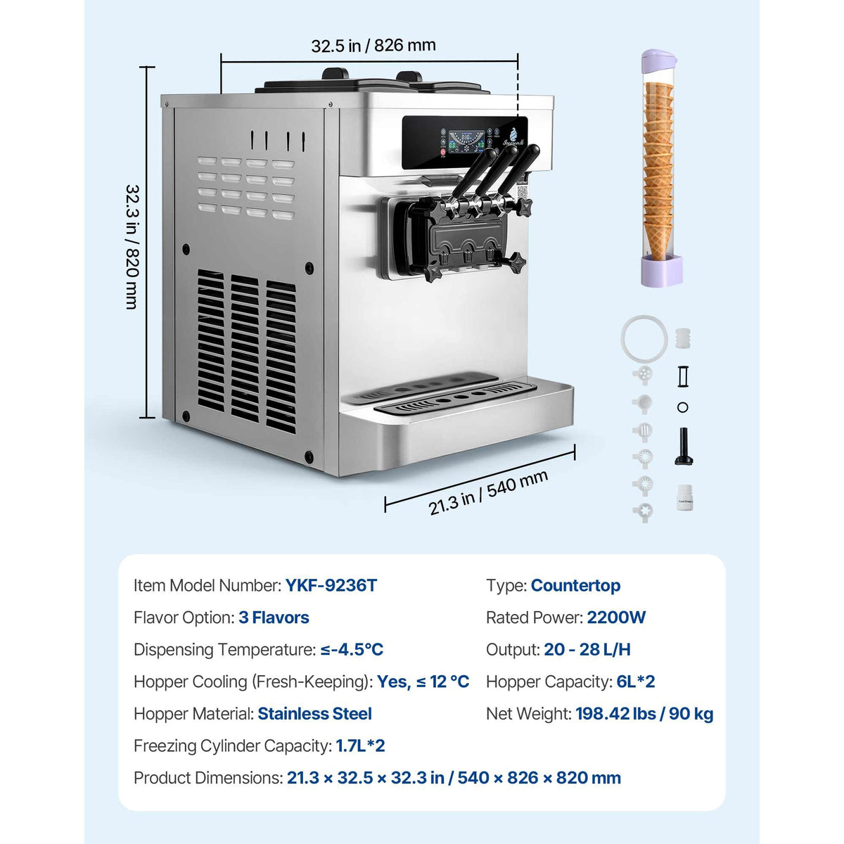 Commercial Ice Cream Machine, 20-28L/H Yield, 2200W 3-Flavor Countertop Soft Serve Ice Cream Maker with 2 x 6L Hoppers & Built-In Puffing Pump, Pre-Cooling Low-Mix Alert for Snack Dessert Shops