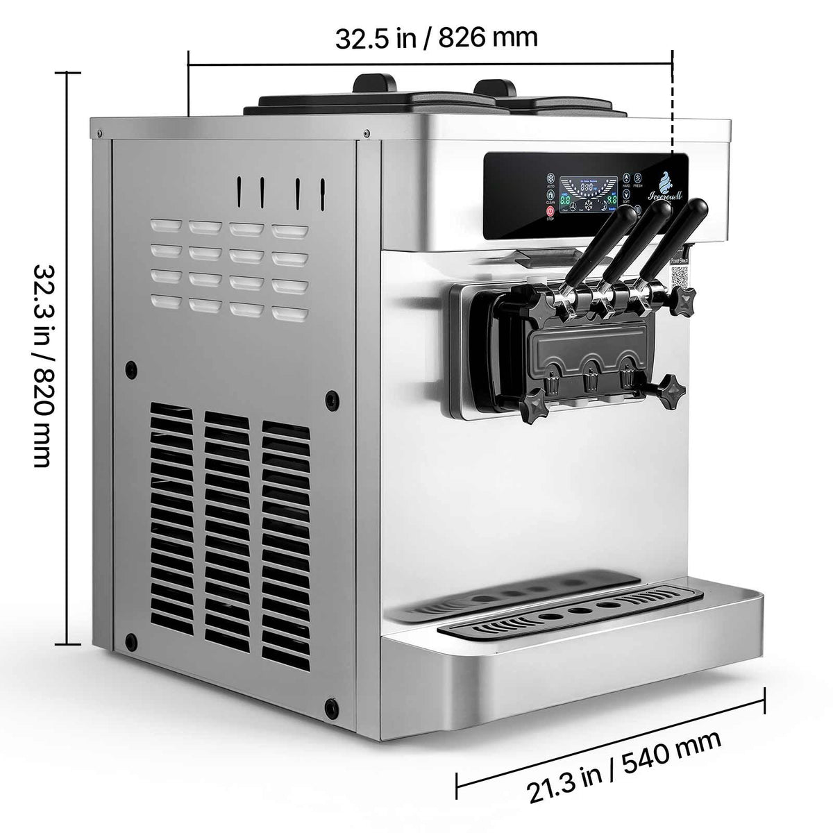 Commercial Ice Cream Machine, 20-28L/H Yield, 2200W 3-Flavor Countertop Soft Serve Ice Cream Maker with 2 x 6L Hoppers & Built-In Puffing Pump, Pre-Cooling Low-Mix Alert for Snack Dessert Shops