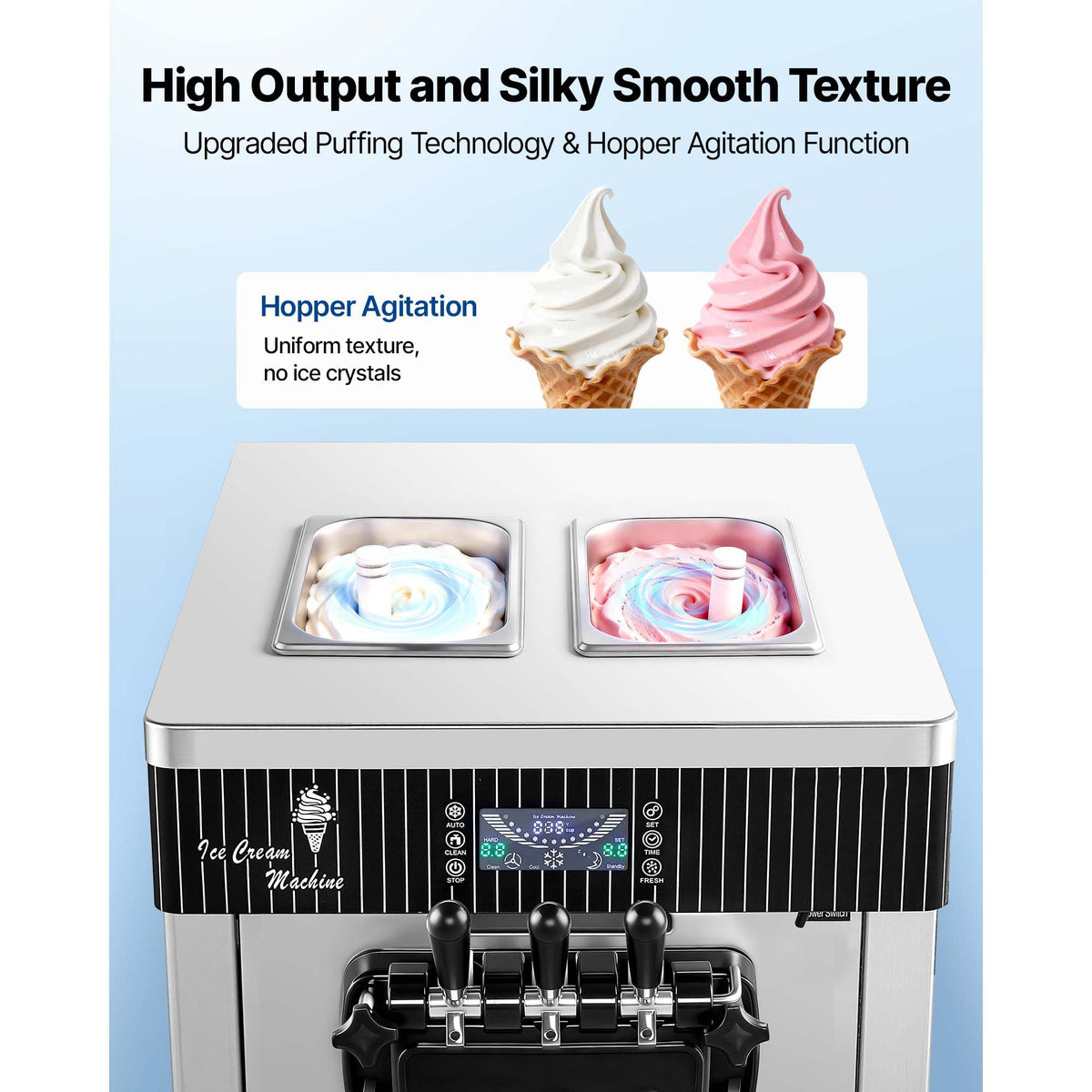 Commercial Ice Cream Machine, 20-28L/H Yield, 2200W 3-Flavor Countertop Soft Serve Ice Cream Maker with 2 x 6L Hoppers & Hopper Agitation, Pre-Cooling Self-Cleaning for Snack Dessert Shops