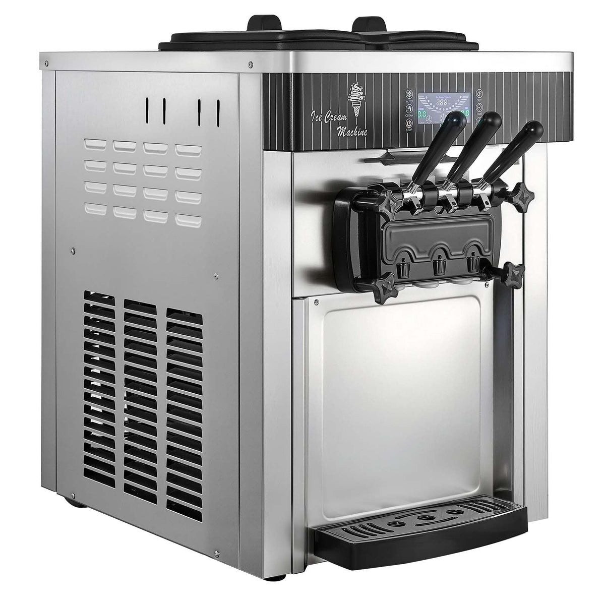 Commercial Ice Cream Machine, 20-28L/H Yield, 2200W 3-Flavor Countertop Soft Serve Ice Cream Maker with 2 x 6L Hoppers & Hopper Agitation, Pre-Cooling Self-Cleaning for Snack Dessert Shops