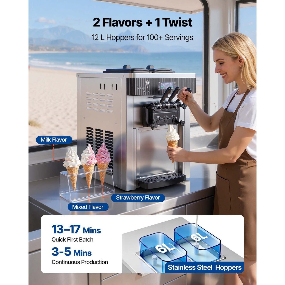 Commercial Ice Cream Machine, 20-28L/H Yield, 2200W 3-Flavor Countertop Soft Serve Ice Cream Maker with 2 x 6L Hoppers & Hopper Agitation, Pre-Cooling Self-Cleaning for Snack Dessert Shops