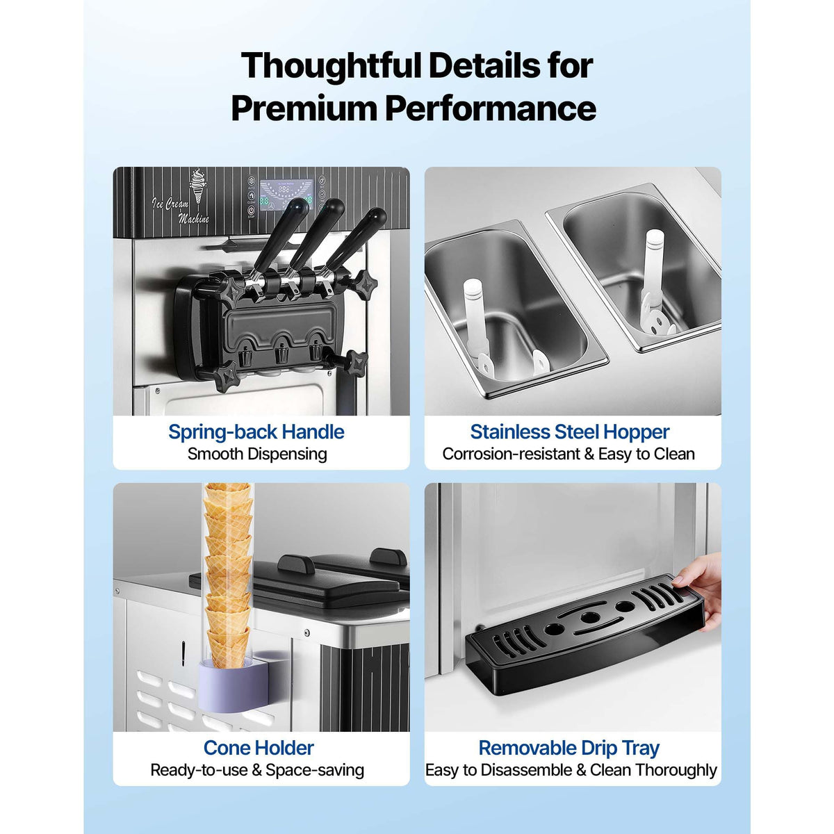 Commercial Ice Cream Machine, 20-28L/H Yield, 2200W 3-Flavor Countertop Soft Serve Ice Cream Maker with 2 x 6L Hoppers & Hopper Agitation, Pre-Cooling Self-Cleaning for Snack Dessert Shops