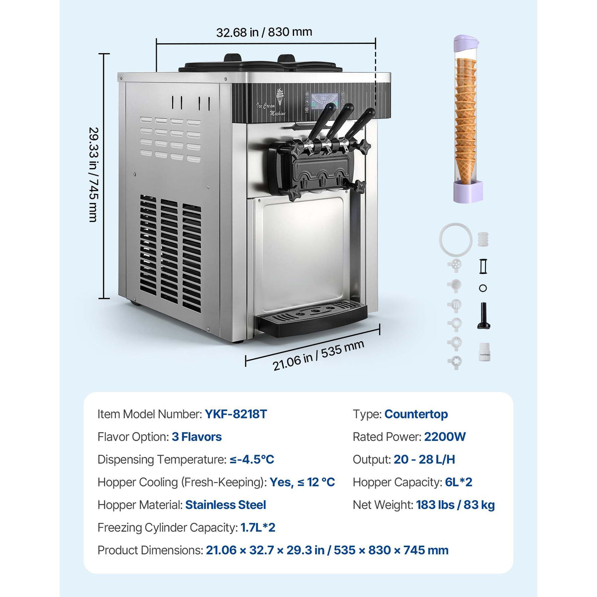 Commercial Ice Cream Machine, 20-28L/H Yield, 2200W 3-Flavor Countertop Soft Serve Ice Cream Maker with 2 x 6L Hoppers & Hopper Agitation, Pre-Cooling Self-Cleaning for Snack Dessert Shops