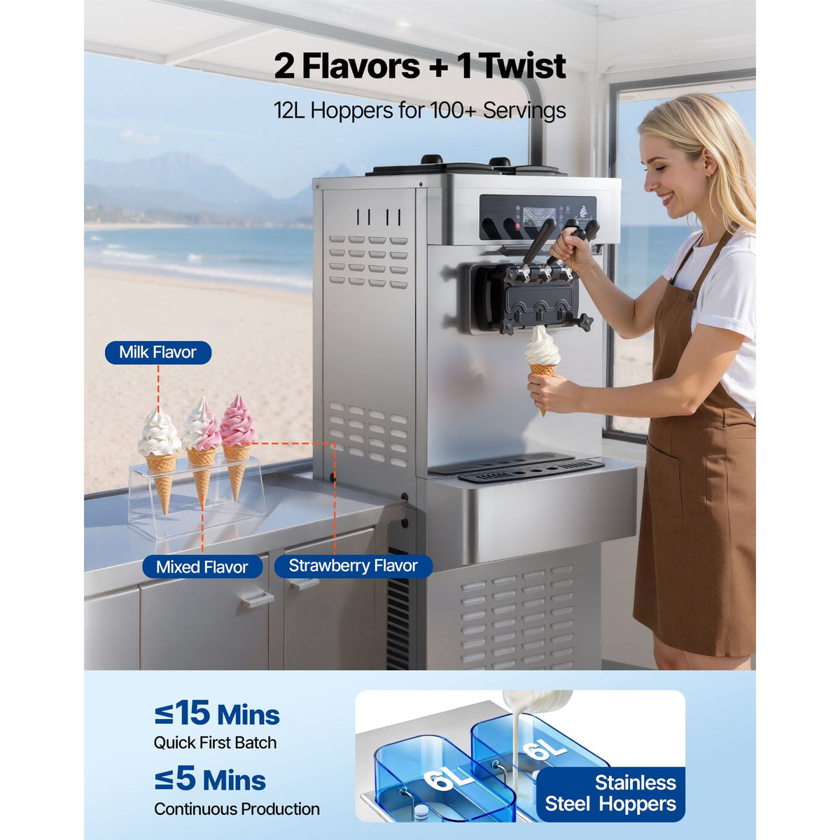 Commercial Ice Cream Machine, 20-28L/H Yield, 2200W 3-Flavor Freestanding Soft Serve Ice Cream Maker with 2 x 6L Hoppers & Built-In Puffing Pump, Pre-Cooling Low-Mix Alert for Snack Dessert Shop