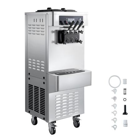 Commercial Ice Cream Machine, 20-28L/H Yield, 2200W 3-Flavor Freestanding Soft Serve Ice Cream Maker with 2 x 6L Hoppers & Built-In Puffing Pump, Pre-Cooling Low-Mix Alert for Snack Dessert Shop
