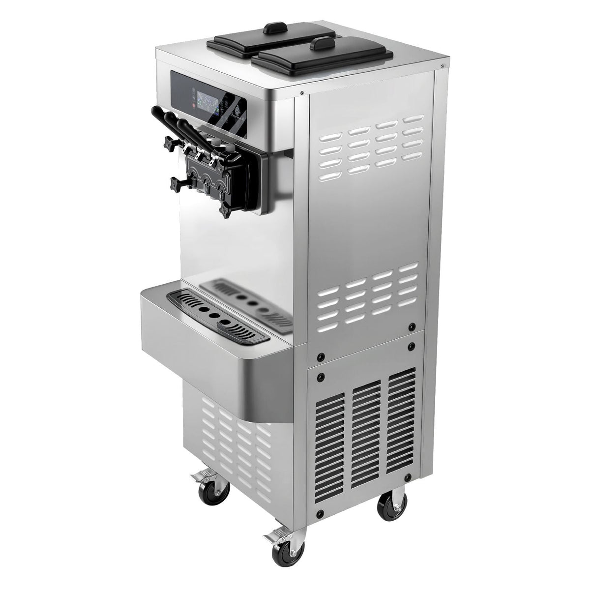 Commercial Ice Cream Machine, 20-28L/H Yield, 2200W 3-Flavor Freestanding Soft Serve Ice Cream Maker with 2 x 6L Hoppers & Built-In Puffing Pump, Pre-Cooling Low-Mix Alert for Snack Dessert Shop