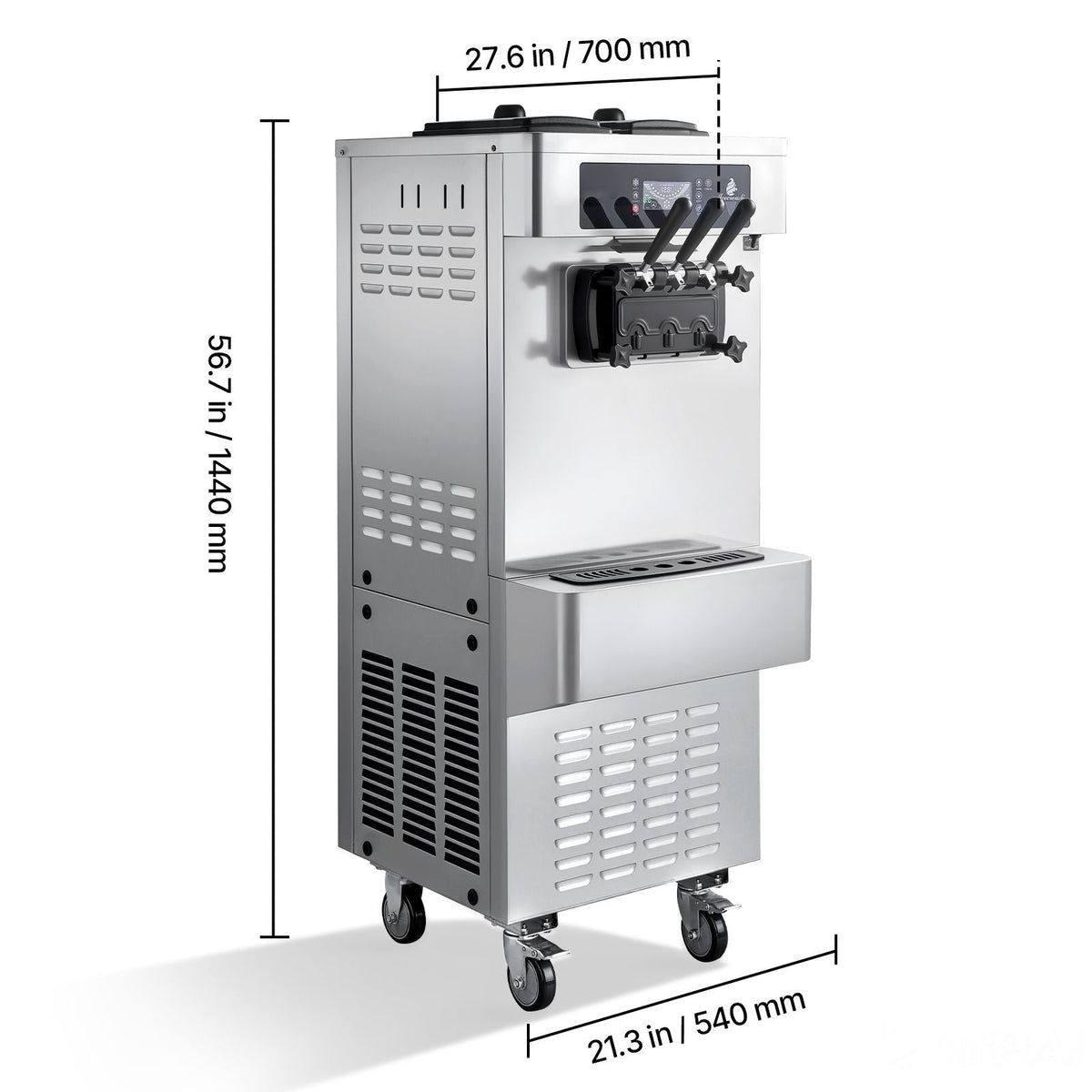 Commercial Ice Cream Machine, 20-28L/H Yield, 2200W 3-Flavor Freestanding Soft Serve Ice Cream Maker with 2 x 6L Hoppers & Built-In Puffing Pump, Pre-Cooling Low-Mix Alert for Snack Dessert Shop