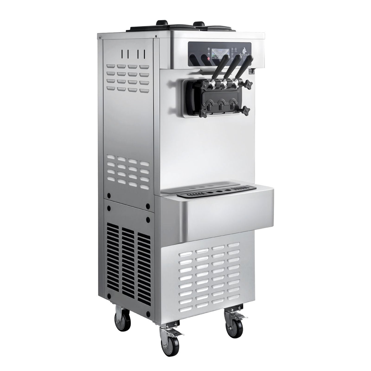 Commercial Ice Cream Machine, 20-28L/H Yield, 2200W 3-Flavor Freestanding Soft Serve Ice Cream Maker with 2 x 6L Hoppers & Built-In Puffing Pump, Pre-Cooling Low-Mix Alert for Snack Dessert Shop