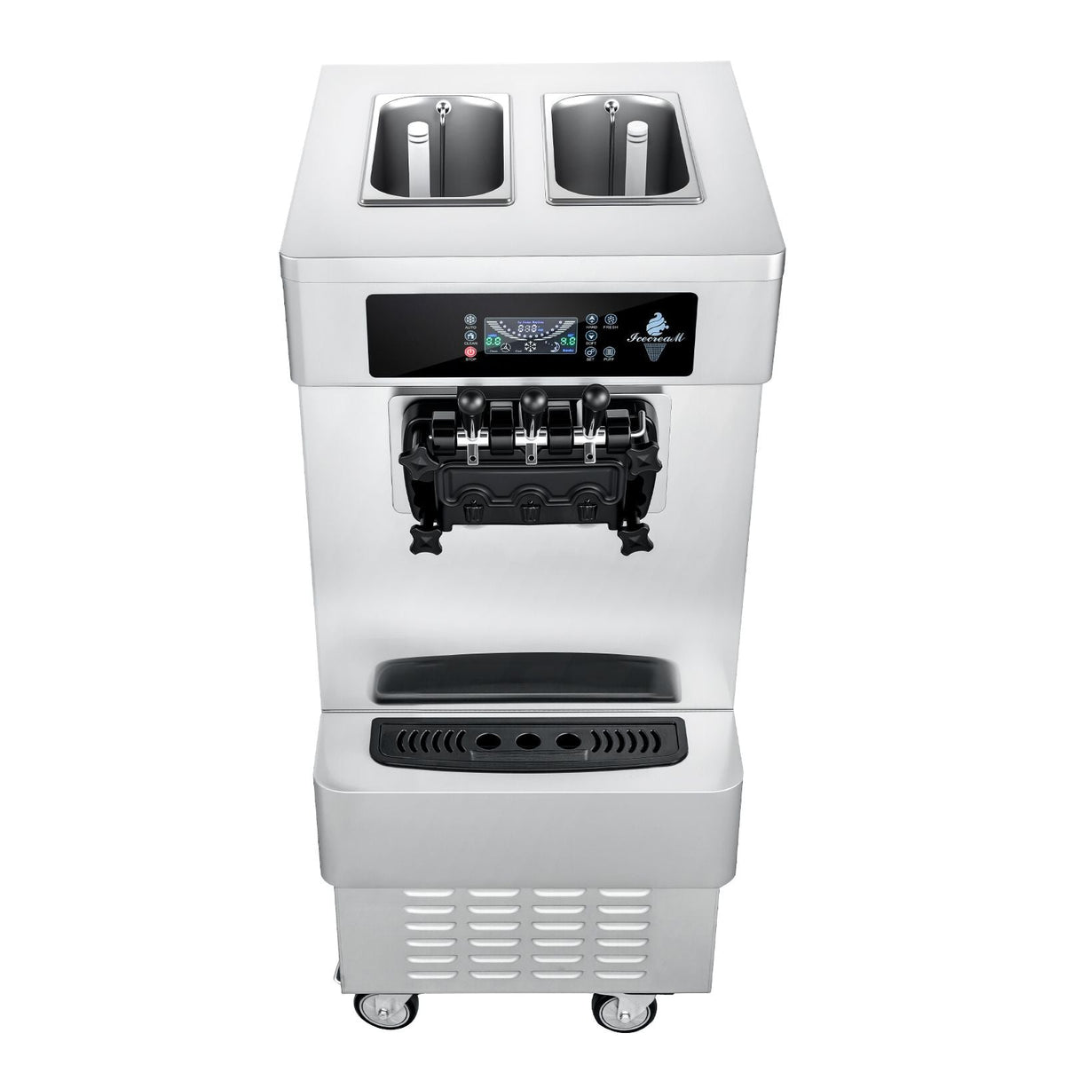 Commercial Ice Cream Machine, 20-28L/H Yield, 2200W 3-Flavor Freestanding Soft Serve Ice Cream Maker with 2 x 6L Hoppers & Built-In Puffing Pump, Pre-Cooling Low-Mix Alert for Snack Dessert Shop