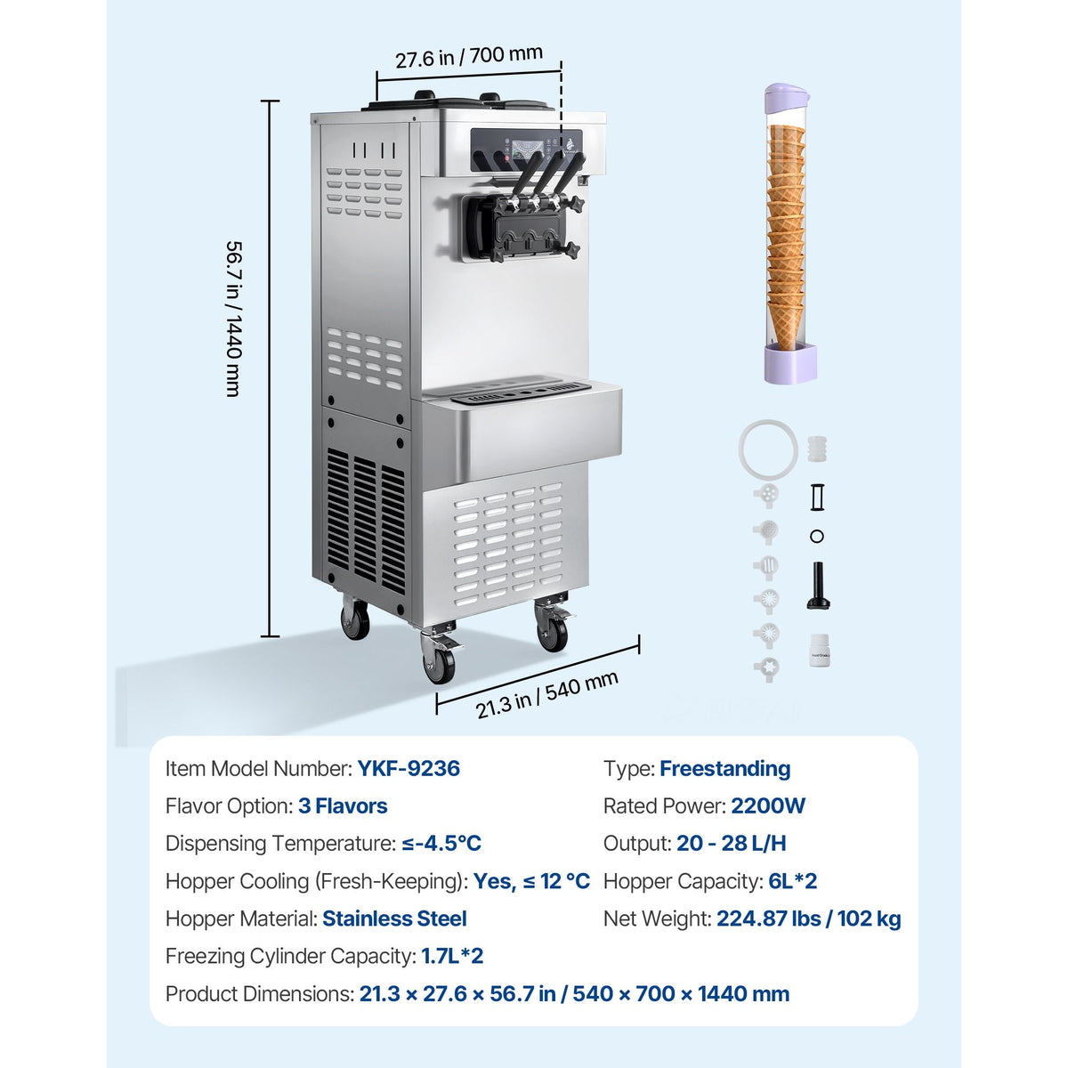 Commercial Ice Cream Machine, 20-28L/H Yield, 2200W 3-Flavor Freestanding Soft Serve Ice Cream Maker with 2 x 6L Hoppers & Built-In Puffing Pump, Pre-Cooling Low-Mix Alert for Snack Dessert Shop