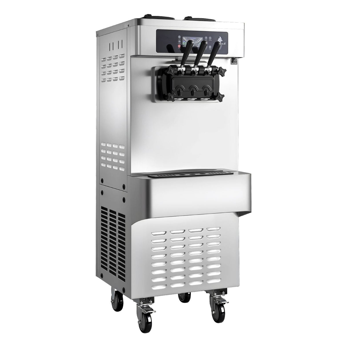 Commercial Ice Cream Machine, 20-28L/H Yield, 2200W 3-Flavor Freestanding Soft Serve Ice Cream Maker with 2 x 6L Hoppers & Built-In Puffing Pump, Pre-Cooling Low-Mix Alert for Snack Dessert Shop