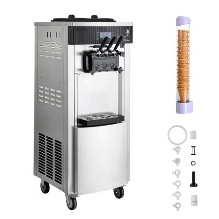 Commercial Ice Cream Machine, 20-28L/H Yield, 2200W 3-Flavor Freestanding Soft Serve Ice Cream Maker with 2 x 6L Hoppers & Hopper Agitation, Pre-Cooling Self-Cleaning for Snack Dessert Shops