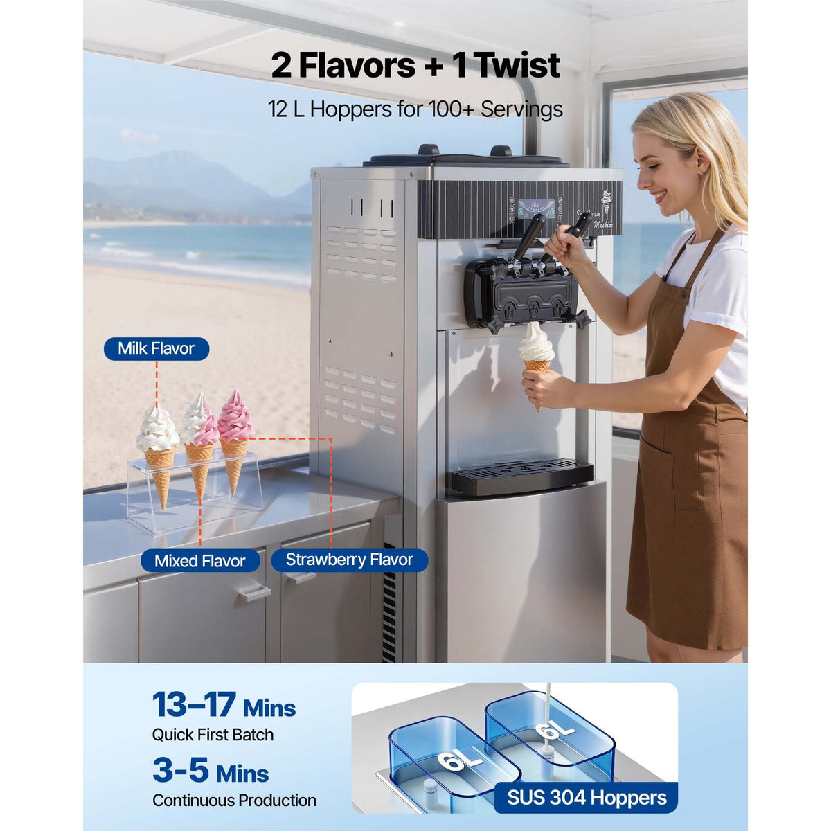 Commercial Ice Cream Machine, 20-28L/H Yield, 2200W 3-Flavor Freestanding Soft Serve Ice Cream Maker with 2 x 6L Hoppers & Hopper Agitation, Pre-Cooling Self-Cleaning for Snack Dessert Shops