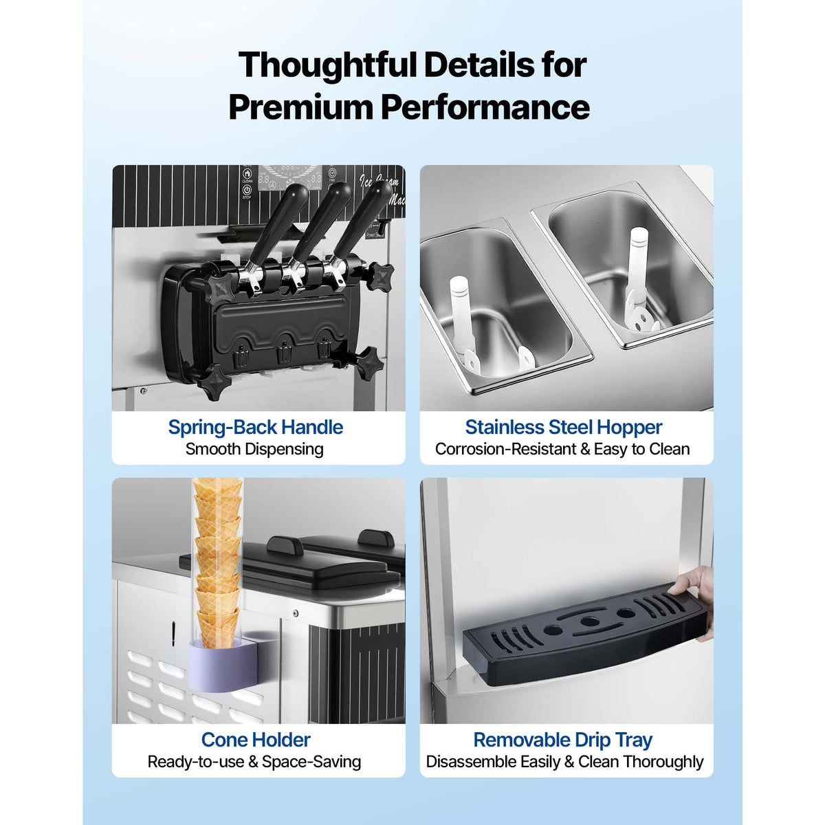 Commercial Ice Cream Machine, 20-28L/H Yield, 2200W 3-Flavor Freestanding Soft Serve Ice Cream Maker with 2 x 6L Hoppers & Hopper Agitation, Pre-Cooling Self-Cleaning for Snack Dessert Shops