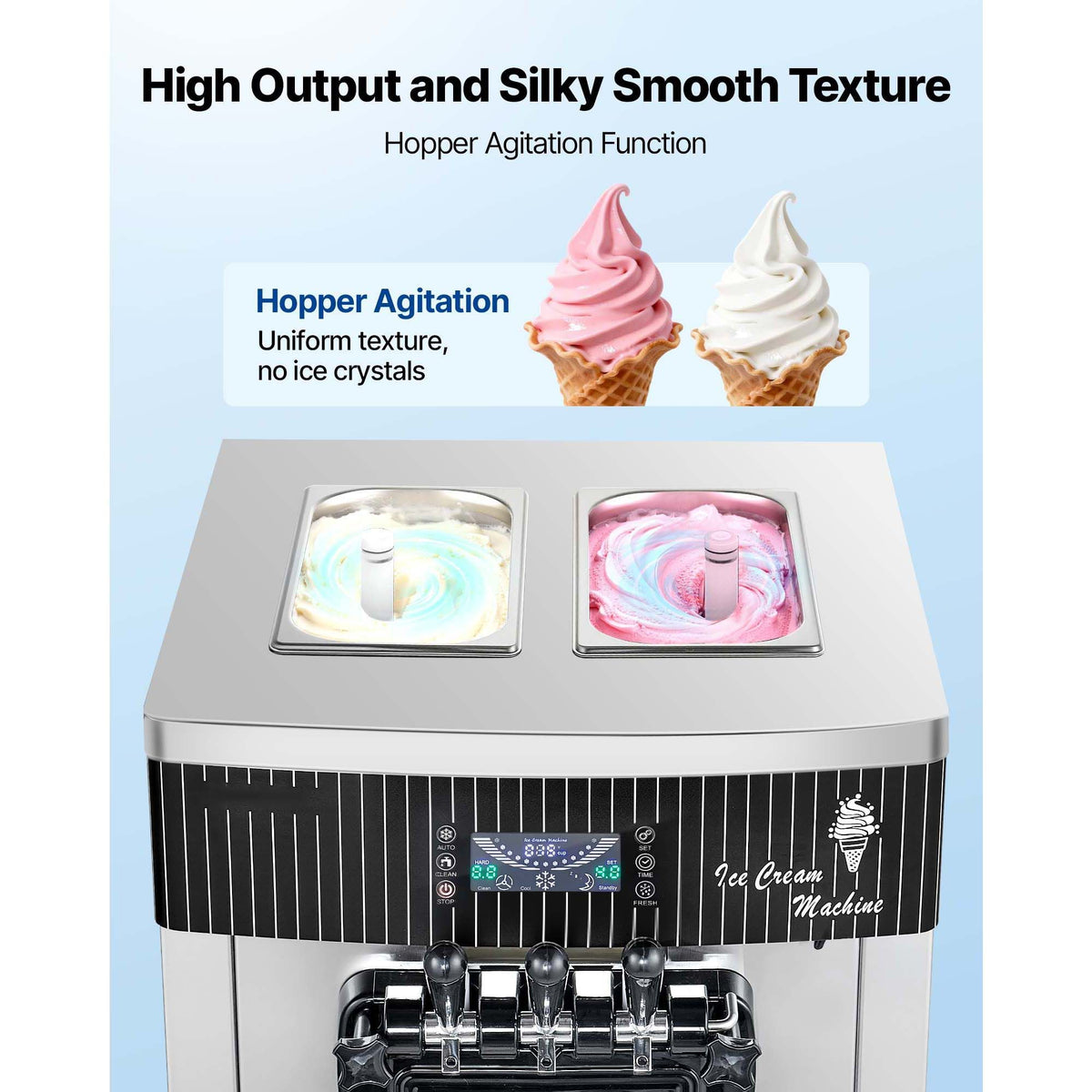 Commercial Ice Cream Machine, 20-28L/H Yield, 2200W 3-Flavor Freestanding Soft Serve Ice Cream Maker with 2 x 6L Hoppers & Hopper Agitation, Pre-Cooling Self-Cleaning for Snack Dessert Shops