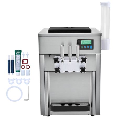 Commercial Ice Cream Machine, 21 QT/H Yield, 1800W 3-Flavor Countertop Soft Serve Ice Cream Maker, 2 x 4L Hopper 2 x 1.8L Cylinder, LCD Panel Auto Clean Pre-cooling, for Restaurant Snack Bar