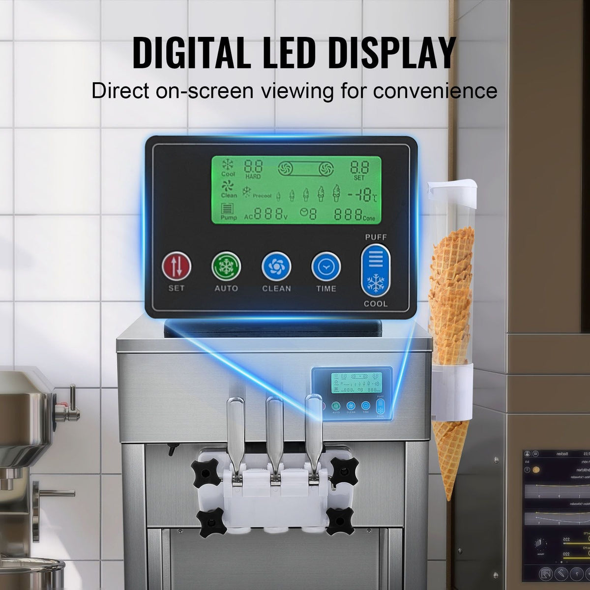 Commercial Ice Cream Machine, 21 QT/H Yield, 1800W 3-Flavor Countertop Soft Serve Ice Cream Maker, 2 x 4L Hopper 2 x 1.8L Cylinder, LCD Panel Auto Clean Pre-cooling, for Restaurant Snack Bar