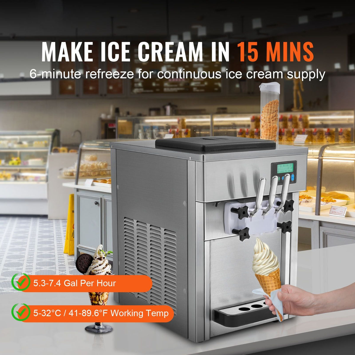 Commercial Ice Cream Machine, 21 QT/H Yield, 1800W 3-Flavor Countertop Soft Serve Ice Cream Maker, 2 x 4L Hopper 2 x 1.8L Cylinder, LCD Panel Auto Clean Pre-cooling, for Restaurant Snack Bar