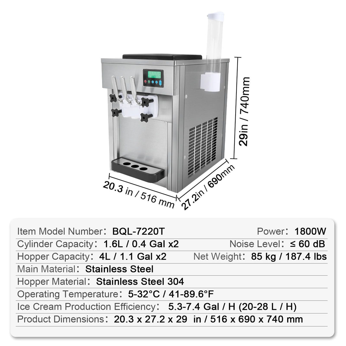 Commercial Ice Cream Machine, 21 QT/H Yield, 1800W 3-Flavor Countertop Soft Serve Ice Cream Maker, 2 x 4L Hopper 2 x 1.8L Cylinder, LCD Panel Auto Clean Pre-cooling, for Restaurant Snack Bar