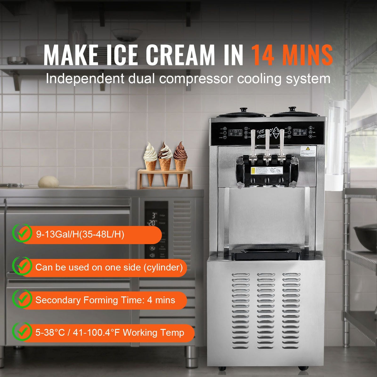 Commercial Ice Cream Machine, 34-44 L/H Yield, 3400W 3-Flavor Freestanding Soft Serve Ice Cream Maker, 2 x 9L Stainless Steel Hopper, LED Panel Allows Single Cylinder Use Overnight Refrigeration