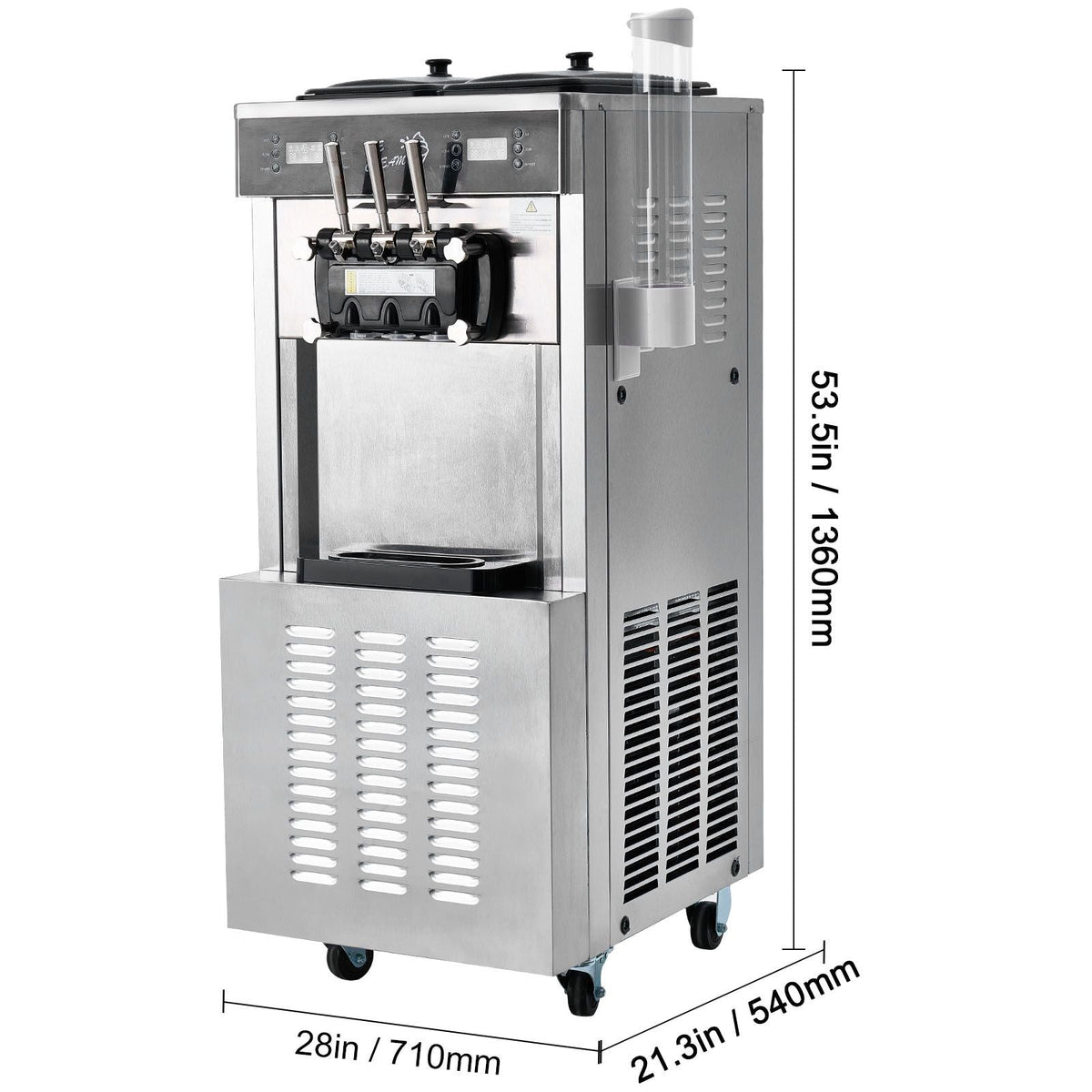 Commercial Ice Cream Machine, 34-44 L/H Yield, 3400W 3-Flavor Freestanding Soft Serve Ice Cream Maker, 2 x 9L Stainless Steel Hopper, LED Panel Allows Single Cylinder Use Overnight Refrigeration